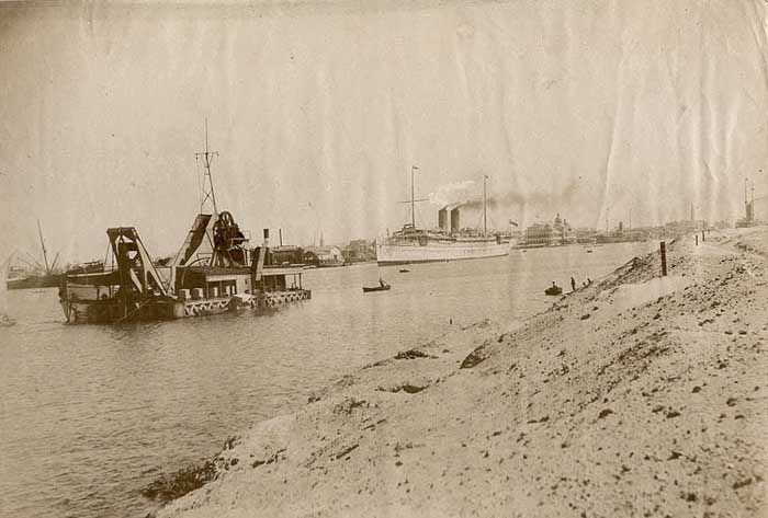 Suez Canal with a dredger, photographed by Perides 1880s
