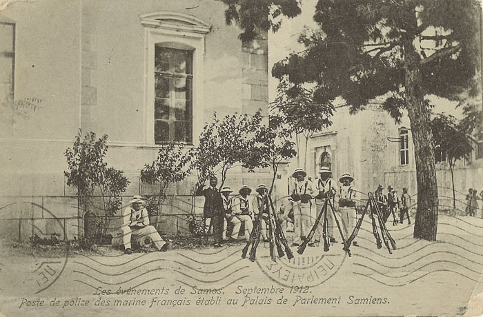 A guard of French marines stationed by the Samos municipal house in 1912 - image courtesy of Marie Anne Marandet