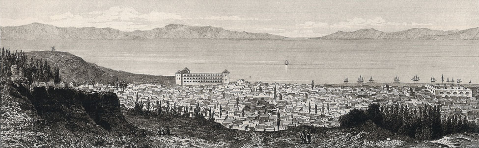 View of Smyrna: an etching by Félix Marie Charles Texier (1802 in Versailles – 1871 in Paris) a French historian and archaeologist. In 1833 Texier was appointed by the French Ministry of Culture to conduct an exploratory mission in Asia Minor, where he journeyed through the regions of Phrygia, Cappadocia and Lycaonia. In 1834 he discovered the ruins of the ancient Hittite capital of Hattusa. He published important books and articles on his travels through Asia Minor and the Middle East, which included descriptions and maps of ancient sites, reports of regional geography and geology, descriptions involving works of art and architecture.