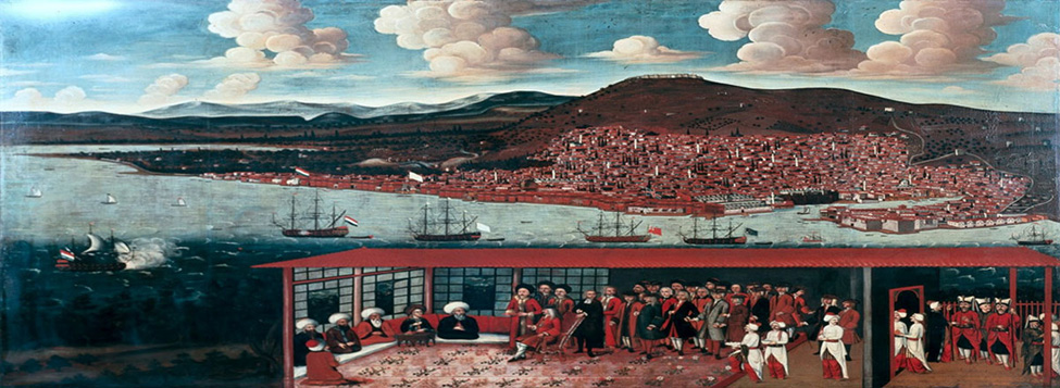 A painting of Smyrna bay and Dutch merchants negotiating with the local <em>kadı</em> done by Cornelis de Bruijn (1652 – 1726/7), a Dutch Dutch artist and traveler who briefly stayed amongst Dutch merchants of Smyrna c.1683. St Peter’s Castle is the black building at 2 o’clock above the vessel with the blue flag. From this painting it is evident that the creek in front of the castle had been filled in, therefore the reason <em>Saman İskelesi</em> etc. are now so far inland.
<br />
This picture also offers a challenge to budding or actual archaeologists to investigate the location of the city walls shown on the right hand side, and perhaps the elusive St Polycarp’s tomb (the building below the castle, flanked with 2 little white towers ?).
<br />
The locations of European factories are marked by the flags of Holland, France (the white Fleur de Lys?), Britain (Union flag, above the merchant navy ‘Red Duster’), then a red flag which is possibly Venice. The vessel with the blue flag: 1st from the right would be a blue fleur-de-lys used by the French navy, or the French Merchant Flag?
<br />
Finally, notice the 21 gun salute of the arrival Dutch ship; bottom of the picture left. Analysis courtesy of George Galdies.