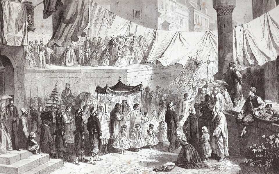 An engraving from 1865 published in the ‘Monde l’illustré’ of a Catholic street procession on the occassion of the Feast of Corpus Christi in Constantinople. There might be some creative license in this illustration and the location of this church is still under investigation.