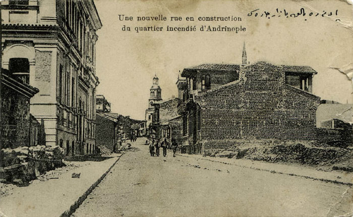 Ottoman times, aftermath of a fire, with the fire observation tower visible in the distance